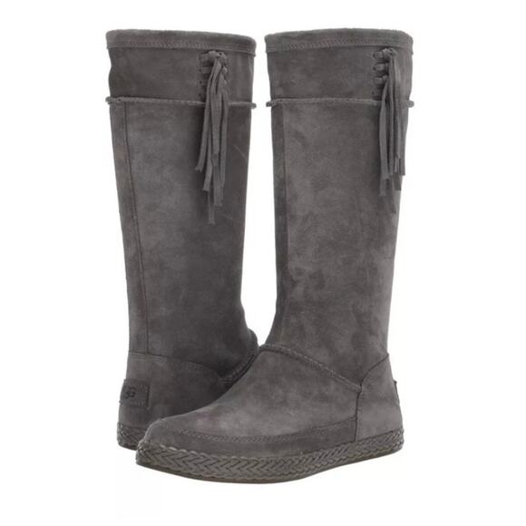UGG NWOB Emerie Soft Suede Side Zip Charcoal Knee High Boot Size 7 Side Tassel - Picture 1 of 8